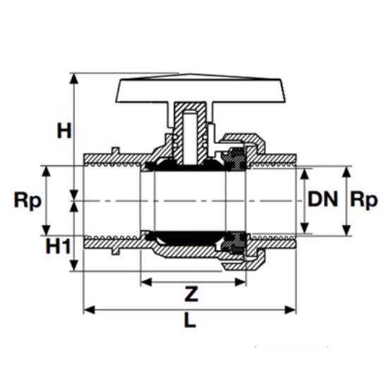 Picture of U-PVC SOLVENT CEMENT SINGLE UNION BALL VALVE BOTH SIDES FEMALE THREADED