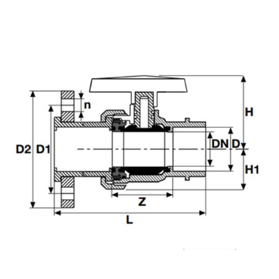 Picture of U-PVC SOLVENT CEMENT SINGLE UNION BALL VALVE ONE SIDE FLANGE OUTLET