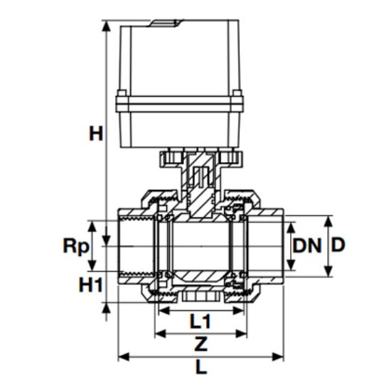 Picture of U-PVC TRUE UNION BALL VALVE WITH ELECTRIC ACTUATOR ONE SIDE FEMALE THREADED 24 V DC / 24 V AC