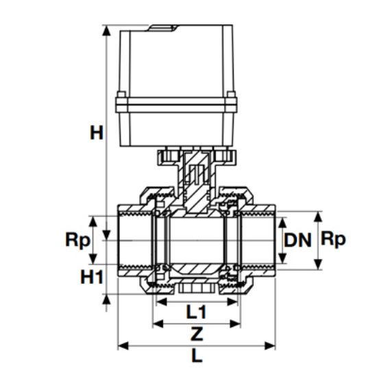 Picture of U-PVC TRUE UNION BALL VALVE WITH ELECTRIC ACTUATOR ONE SIDE FEMALE THREADED FOR ACID 24 V DC / 24 V AC